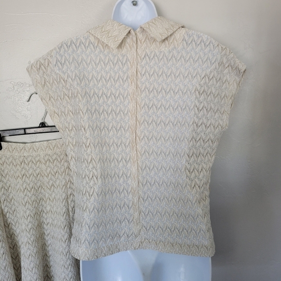 Alfred Weber Vintage Women's Two Piece Blouse Maxi Skirt Set Beige White Knit M - Picture 4 of 12